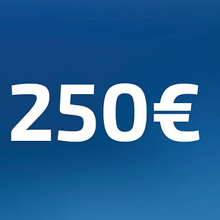 250 Euro Wertgutschein- Zahl steht auf blauem Hintergrund
