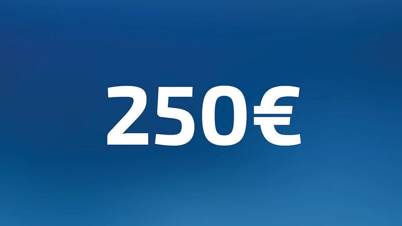250 Euro Wertgutschein- Zahl steht auf blauem Hintergrund