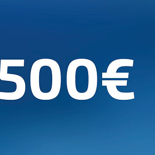 500 Euro Wertgutschein- Zahl steht auf blauem Hintergrund