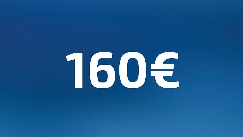 160 Euro Wertgutschein- Zahl steht auf blauem Hintergrund