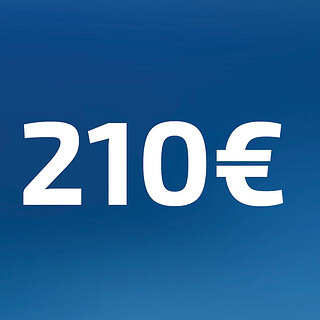 210 Euro Wertgutschein- Zahl steht auf blauem Hintergrund