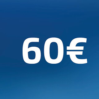 60 Euro Wertgutschein- Zahl steht auf blauem Hintergrund