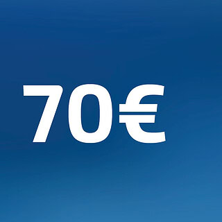 70 Euro Wertgutschein- Zahl steht auf blauem Hintergrund