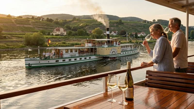 Paar mit Weingläsern auf einem Schiff mit Blick auf einen historischen Raddampfer