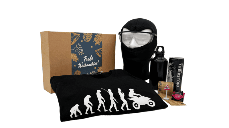 Geschenkbox zu Weihnachten für Quad Erlebnisse mit passenden Inhalten.