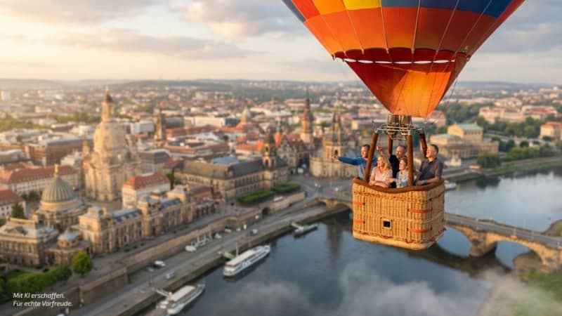 Heißluftballon mit Personen fliegt über Dresden