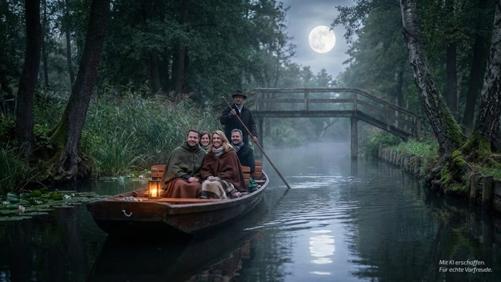 Kahnfahrt mit Mondschein im Spreewald Kahnfahrt im Mondschein mit Personen im Boot