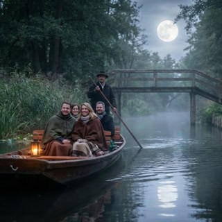 Kahnfahrt im Mondschein mit Personen im Boot