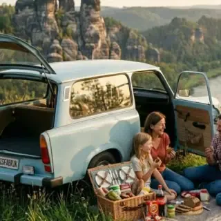 Blauer Trabant 601 steht in der Sächsischen Schweiz, davor sitzt eine Familie beim Picknick