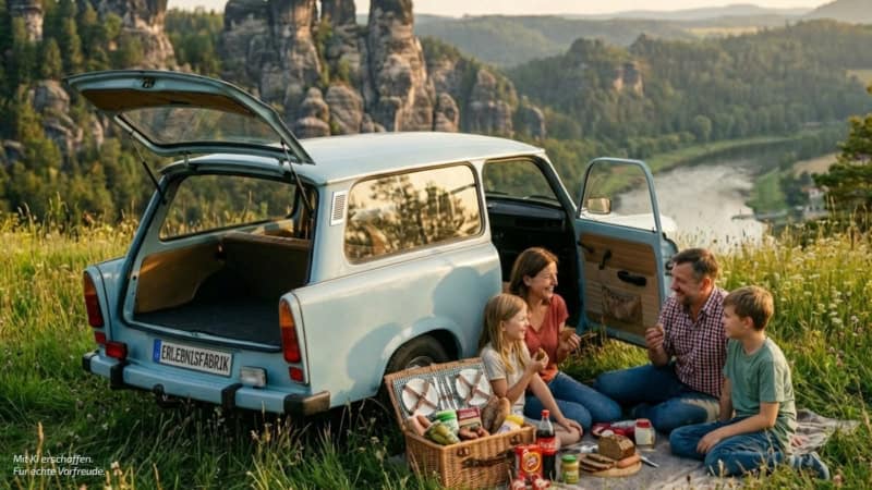 Blauer Trabant 601 steht in der Sächsischen Schweiz, davor sitzt eine Familie beim Picknick