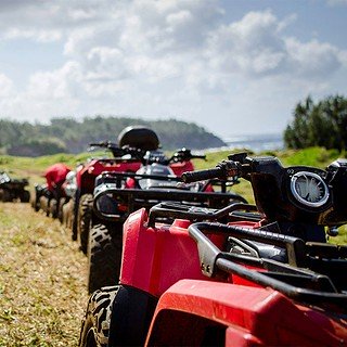 Mehrere Quads stehen auf einem Feld in einer Reihe.