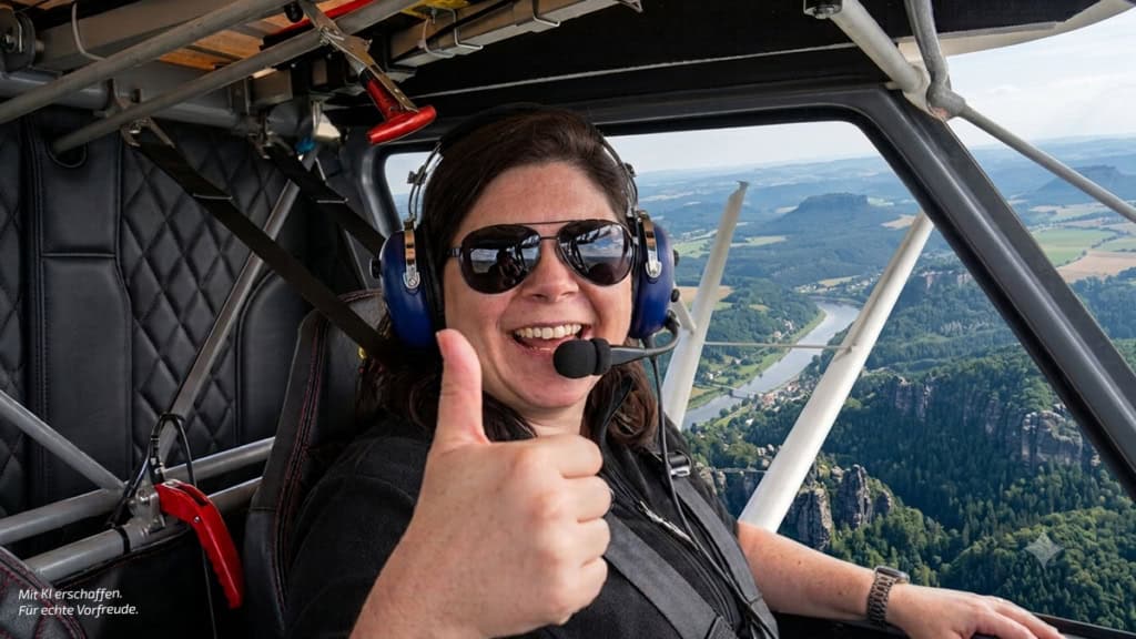 Rundflug Sächsische Schweiz und Dresden _Frau Daumen hoch Rundflug Frau zeigt Daumen hoch