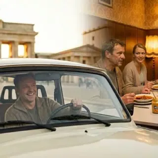 Collage aus Trabi-Fahrt und DDR-Abendessen