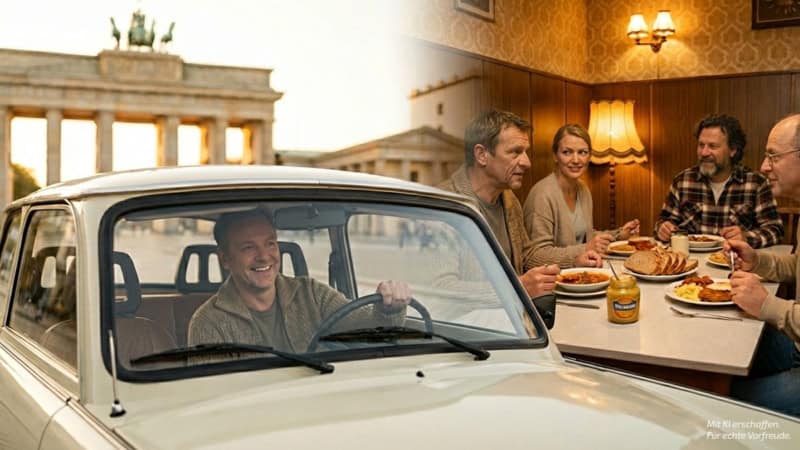 Collage aus Trabi-Fahrt und DDR-Abendessen