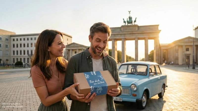 zwei Personen vor dem Brandenburger Tor mit einem Trabi