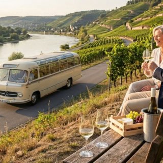 Weinbergrundfahrt mit Oldtimerbus und Weinverkostung in den Weinbergen.