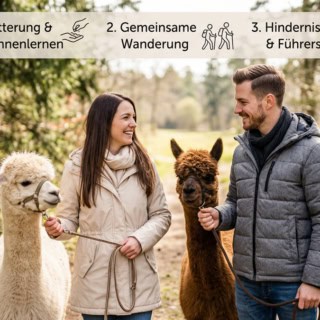 Zwei Personen sind mit den Alpakas unterwegs bei Hohenstein Ernstthal