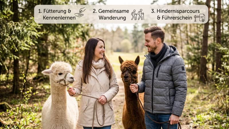 Zwei Personen sind mit den Alpakas unterwegs bei Hohenstein Ernstthal