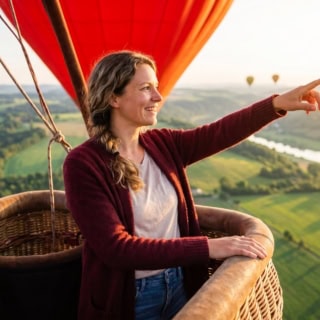 eine Frau zeigt aus dem Ballonkorb auf die sächsische Landschaft mit Feldern und Fluss