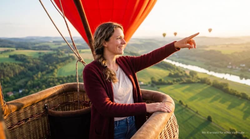 eine Frau zeigt aus dem Ballonkorb auf die sächsische Landschaft mit Feldern und Fluss