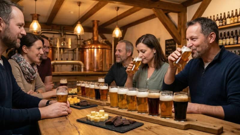 5 Personen sind beim Bier Tasting und der Verkostung von Craft Bieren in Chemnitz.