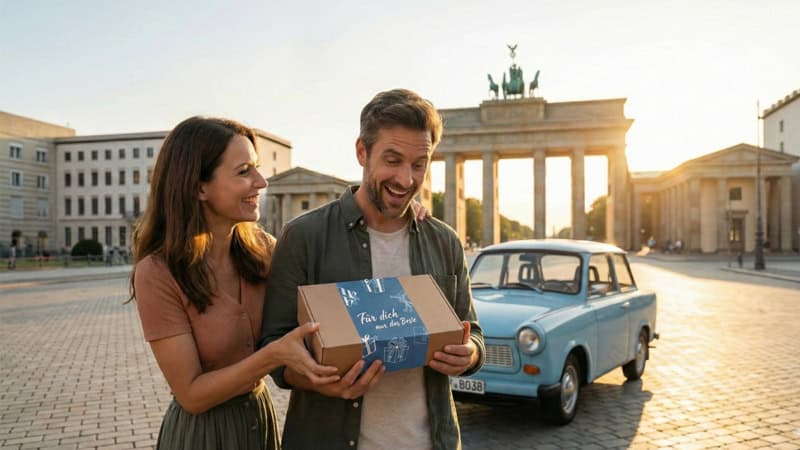 Paar mit der Geschenkbox bei der Trabi Safari in Berlin, im Hintergrund das Brandenburger Tor