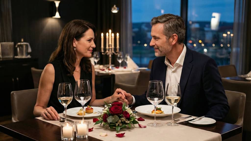 candle-light-dinner-dresden-neu Ein Paar aus Mann und Frau sitzen beim Dinner in einem Restaurant in Dresden.