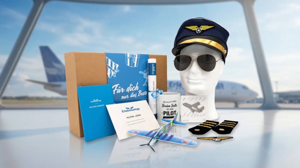 flugsimulator_pilot_geschenkbox Geschenkbox für Flug und Pilot Erlebnisse mit Flugzeug im Hintergrund