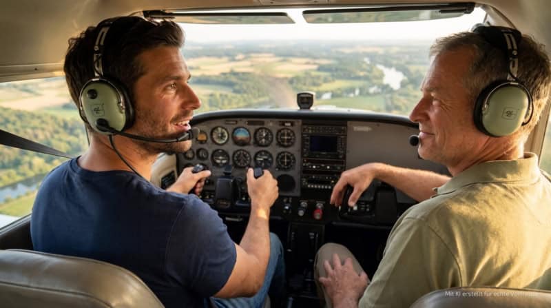 Zwei Personen mit Headset im Cockpit eines Flugzeugs beim Flugerlebnis.