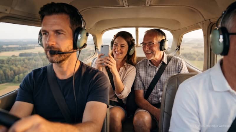 Vier Personen im Cockpit eines Kleinflugzeugs bei einem Rundflug in der Luft.