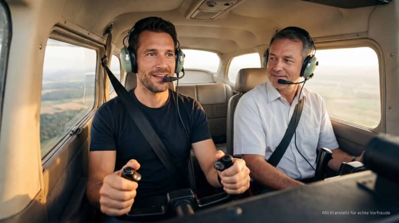 Zwei Männer mit Headsets im Cockpit eines Kleinflugzeugs bei einem Erlebnis Flugzeug selber fliegen.