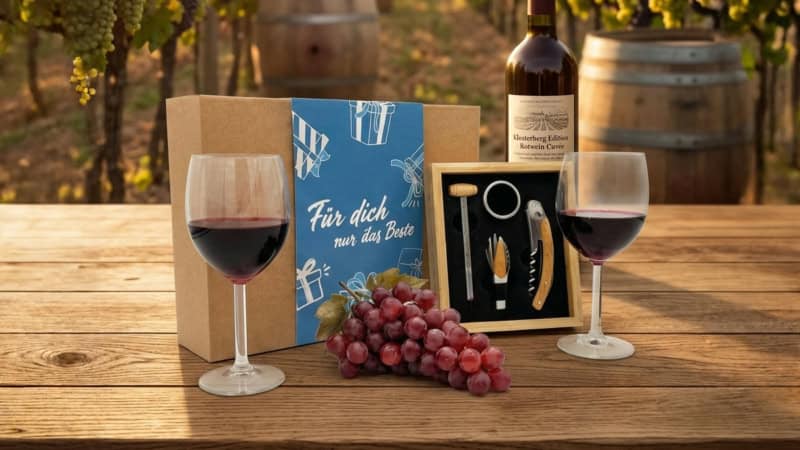 Geschenkbox für Weinerlebnisse steht beim Weinberg