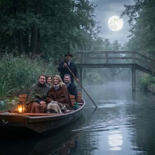 Ein Kanu fährt bei der Dämmerung durch den Spreewald mit Personen und dem Fahrer