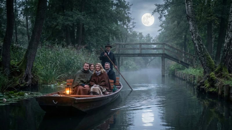 Ein Kanu fährt bei der Dämmerung durch den Spreewald mit Personen und dem Fahrer