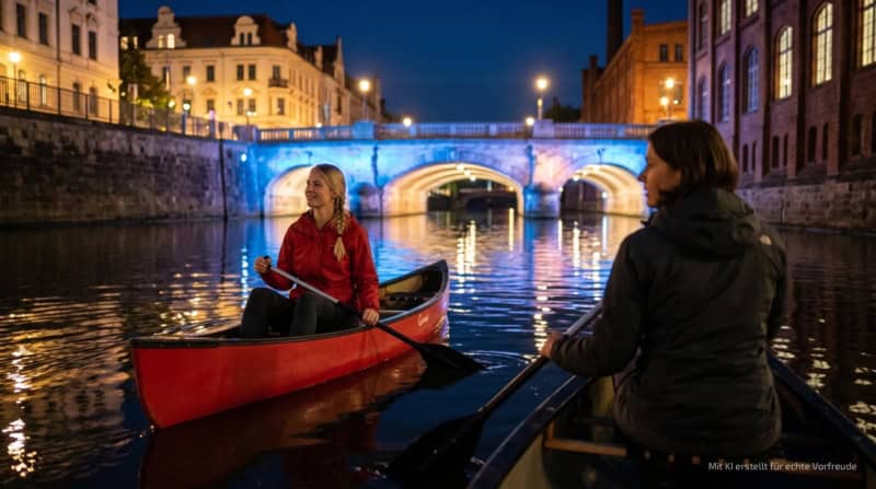 zwei Frauen paddeln in Kanus bei Dämmerung unter einer beleuchteten Brücke in Leipzig