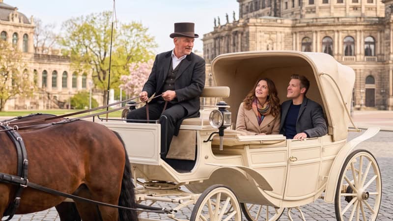 Paar macht eine Kutschfahrt durch Dresden