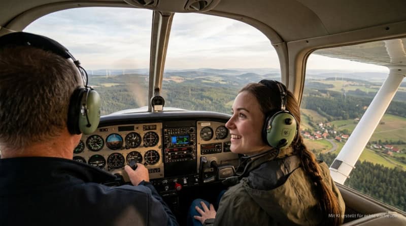 Eine Frau und ein Pilot im Cockpit während eines Rundflugs über das Erzgebirge