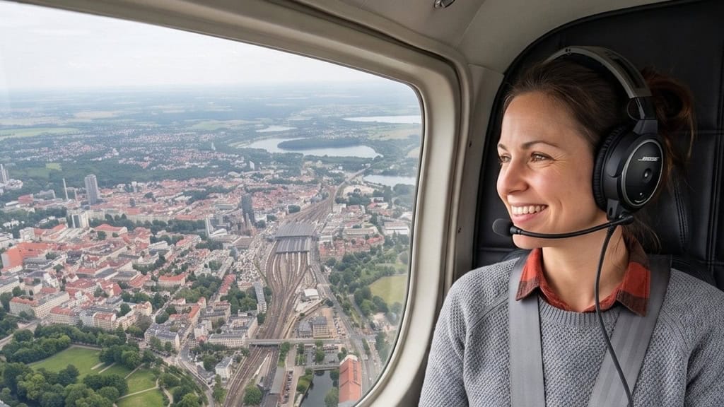 rundflug_leipzig2 Frau sitzt in einem Flugzeug und schaut durch das Fenster auf die Stadt Leipzig