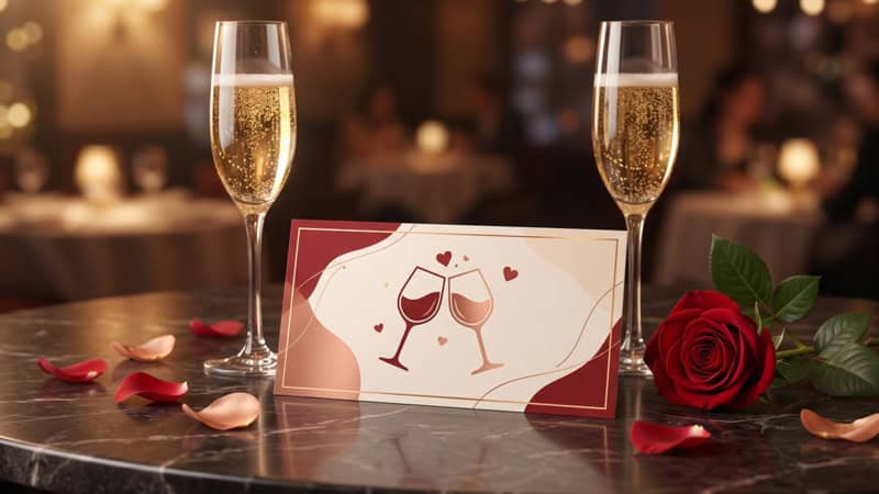 zwei Gläser Sekt und eine Karte auf einem Tisch beim Speed-Dating in Deutschland - Gutschein der Erlebnisfabrik zu sehen