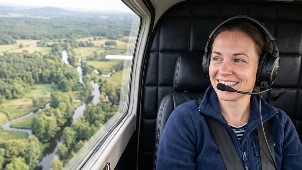 Person sitzt im Cockpit eines Flugzeugs und schaut aus dem Fenster auf den Spreewald