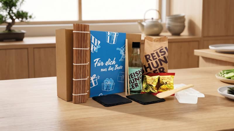 Geschenkbox steht auf einem Tisch.- Geschenkbox für Sushi Erlebnisse