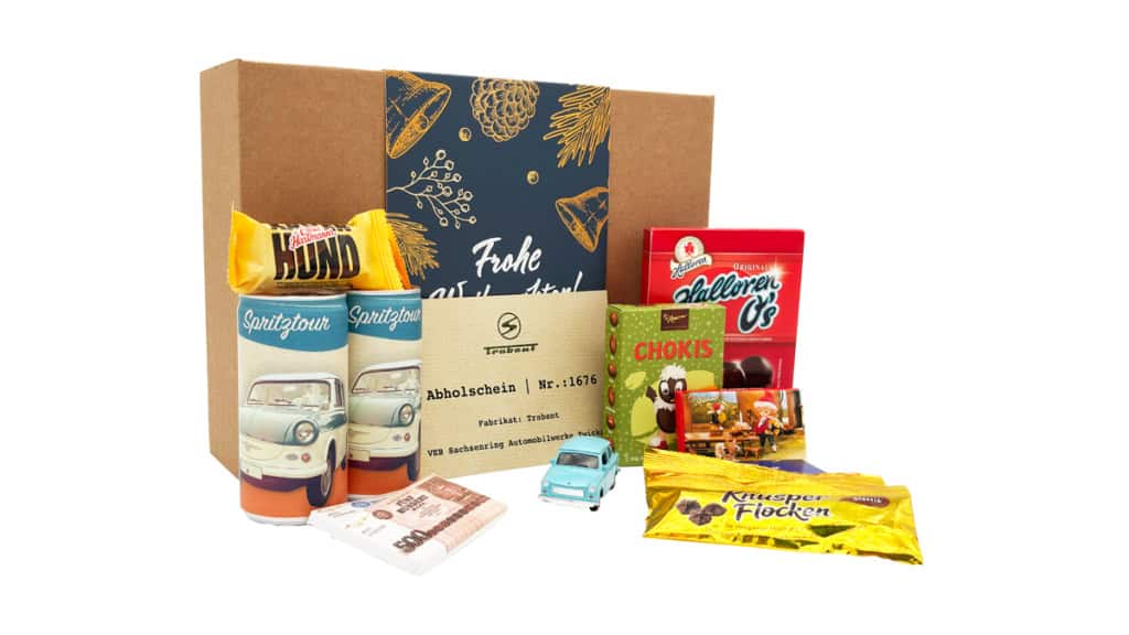 Geschenkbox der Erlebnisfabrik zu Trabi und DDR Erlebnisse mit den passenden Inhalten,
