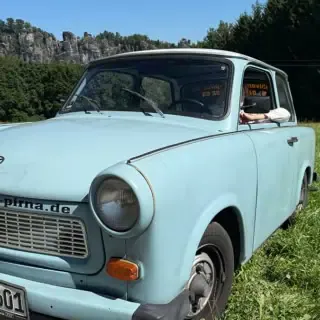Ein historischer DDR Trabant auf einer Wiese in der Natur, umgeben von Bäumen und einer beeindruckenden Felslandschaft im Hintergrund, perfekt für Oldtimer-Liebhaber.