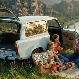 Eine Familie mit dem Trabi in der Sächsischen Schweiz beim Picknick
