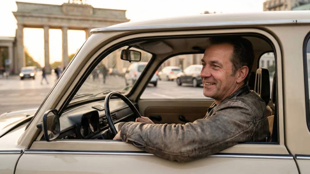 Mann sitzt in einem braunen Trabant 601 - das Brandenburger Tor im Hintergrund zu sehen