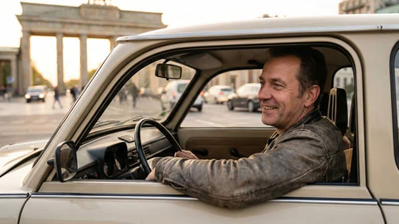 Mann sitzt in einem braunen Trabant 601 - das Brandenburger Tor im Hintergrund zu sehen