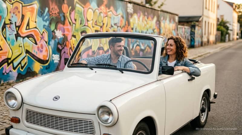 ein Paar fährt lächelnd in einem weißen Trabant Cabrio durch Chemnitz vor einer Graffiti-Wand