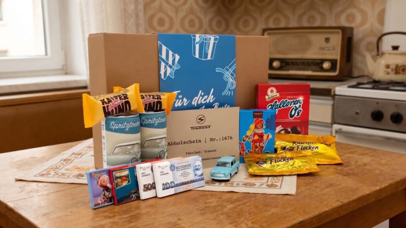 Inhalte der Geschenkbox DDR und Trabi sichtbar auf einem tyoischen DDR Tisch