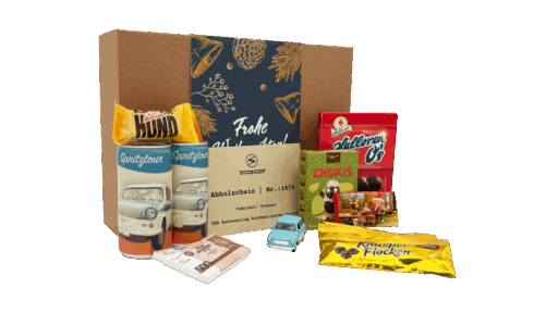 Geschenkbox für DDR Erlebnisse mit Aufschrift Frohe Weihnachten