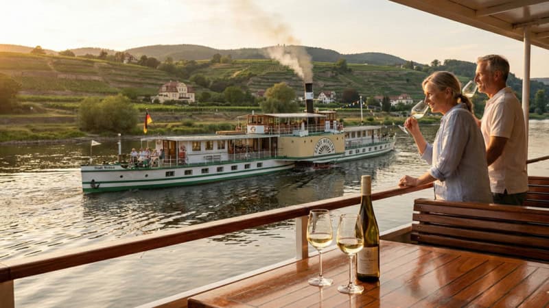 zwei Personen auf einem Dampfer mit Weingas in der Hand